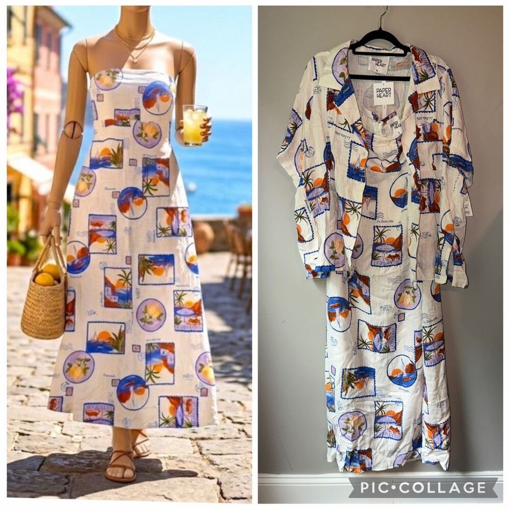 Paper Heart “La dolce vita postcard” linen maxi dress and button down shirt set